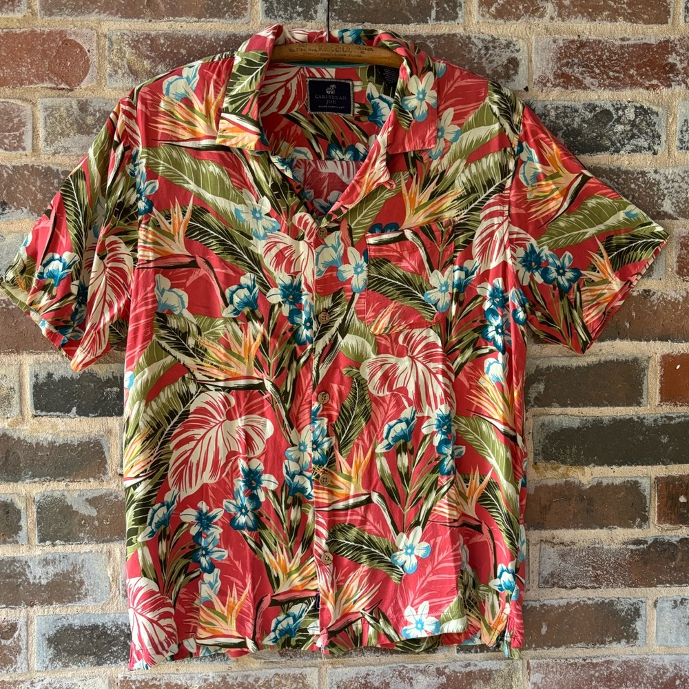 Caribbean Joe Coral Tropical Floral Short-Sleeve Button-Down Shirt